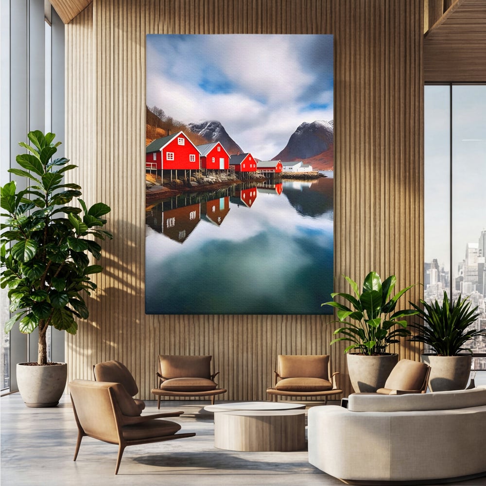 Tablou canvas cu tablou canvas cu cabane rosii, fara rama, pe sasiu de lemn, pe perete intr-un birou